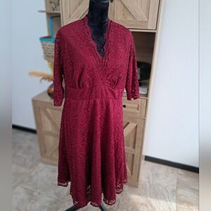 Kiyonna Cocktail Dress 2X Mademoiselle Pinot Noir Aline Lace V-Neck Midi Lined